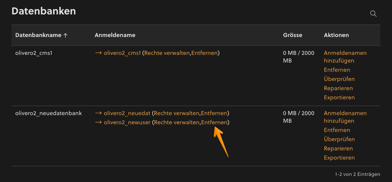 Datenbank-Anmeldename entfernen