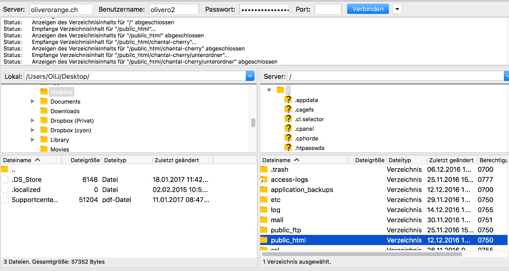 Im FileZilla auf das gewünschte Verzeichnis deines Webhostings wechseln